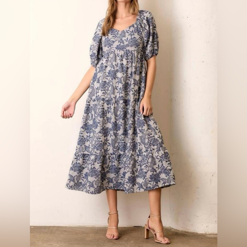 POLAGRAM Blue And White Jacquard Puff Sleeve Midi Dress - Picture 2 of 7